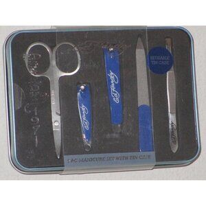 Ed Hardy 5 Piece Manicure Set With Reusable Tin Case Rare Blue Color New Box